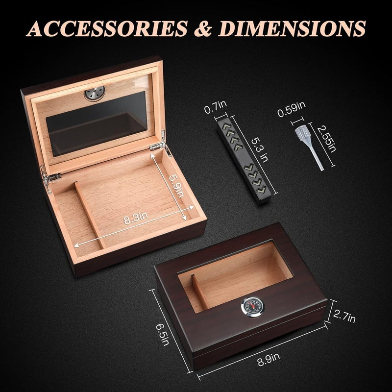 TISFA Cigar Humidor, Glass Top Cigar Box with Hygrometer Humidifier and Divider, Desktop Cedar Wood Storage Case Holds 20-30 Cigars (Dark Brown) - Image 4